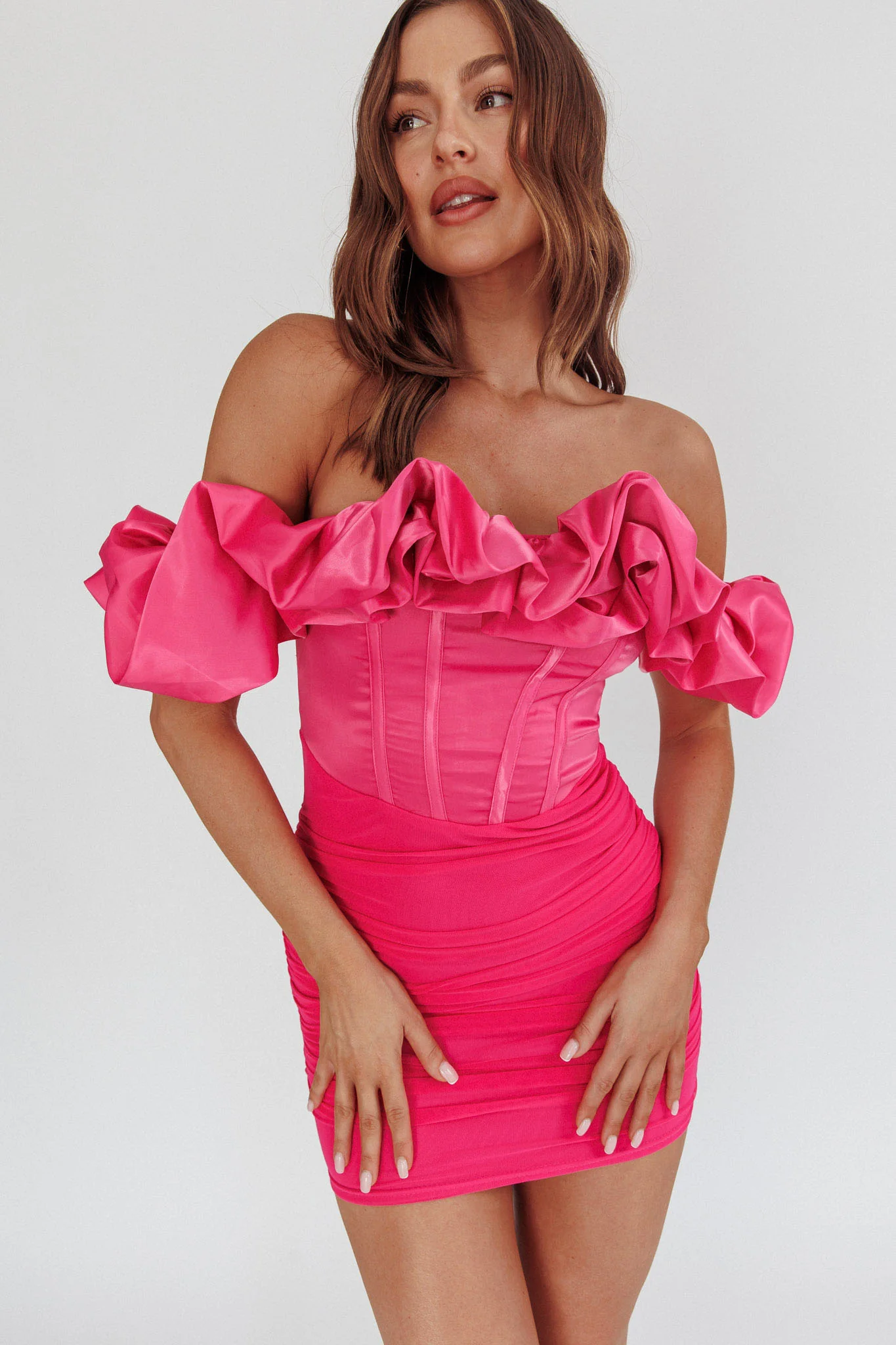 Arista Off-Shoulder Ruched Mini Dress Hot Pink - Seraphlike
