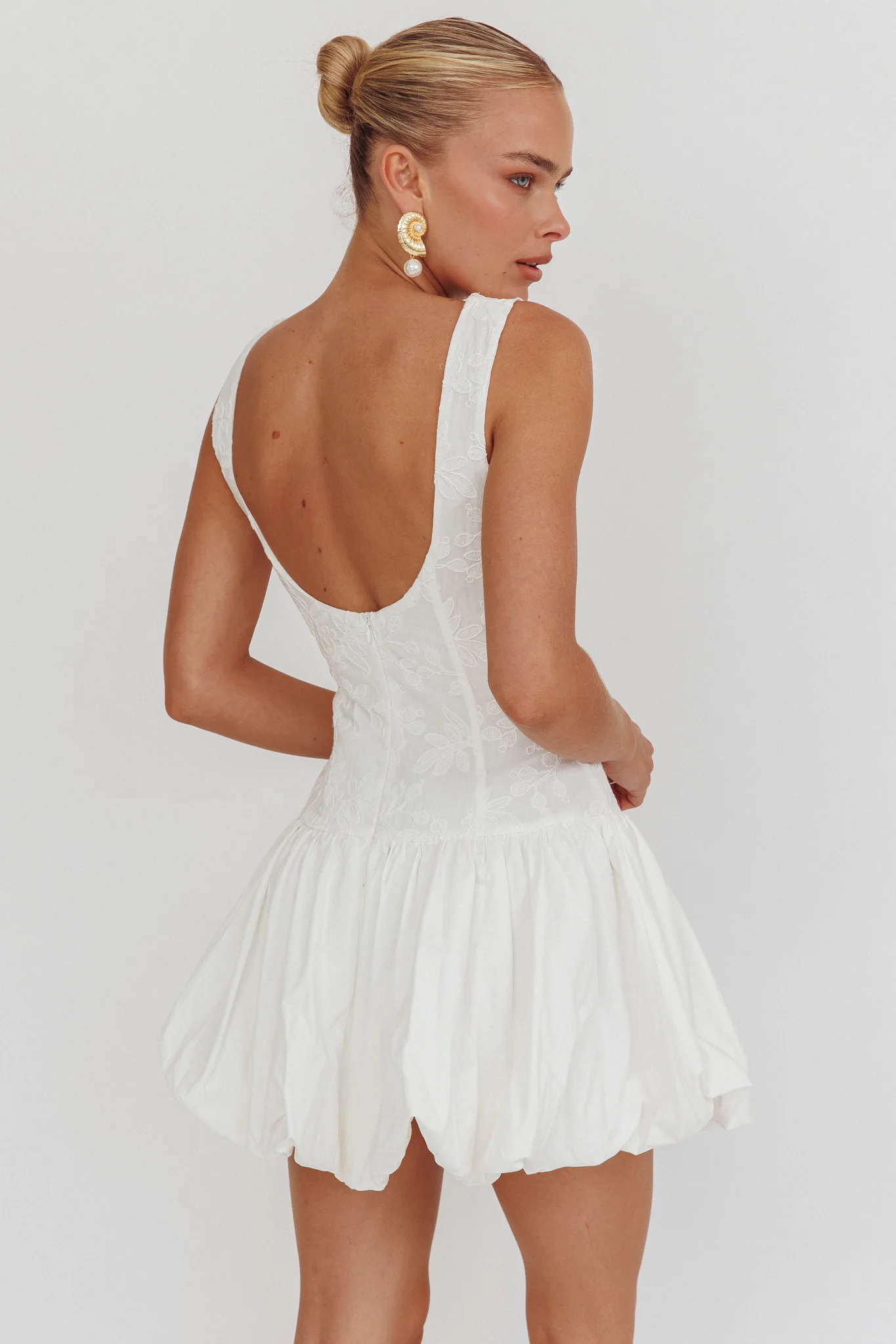 Opulent Sleeveless Bubble Hem Mini Dress Embroidered White - Seraphlike