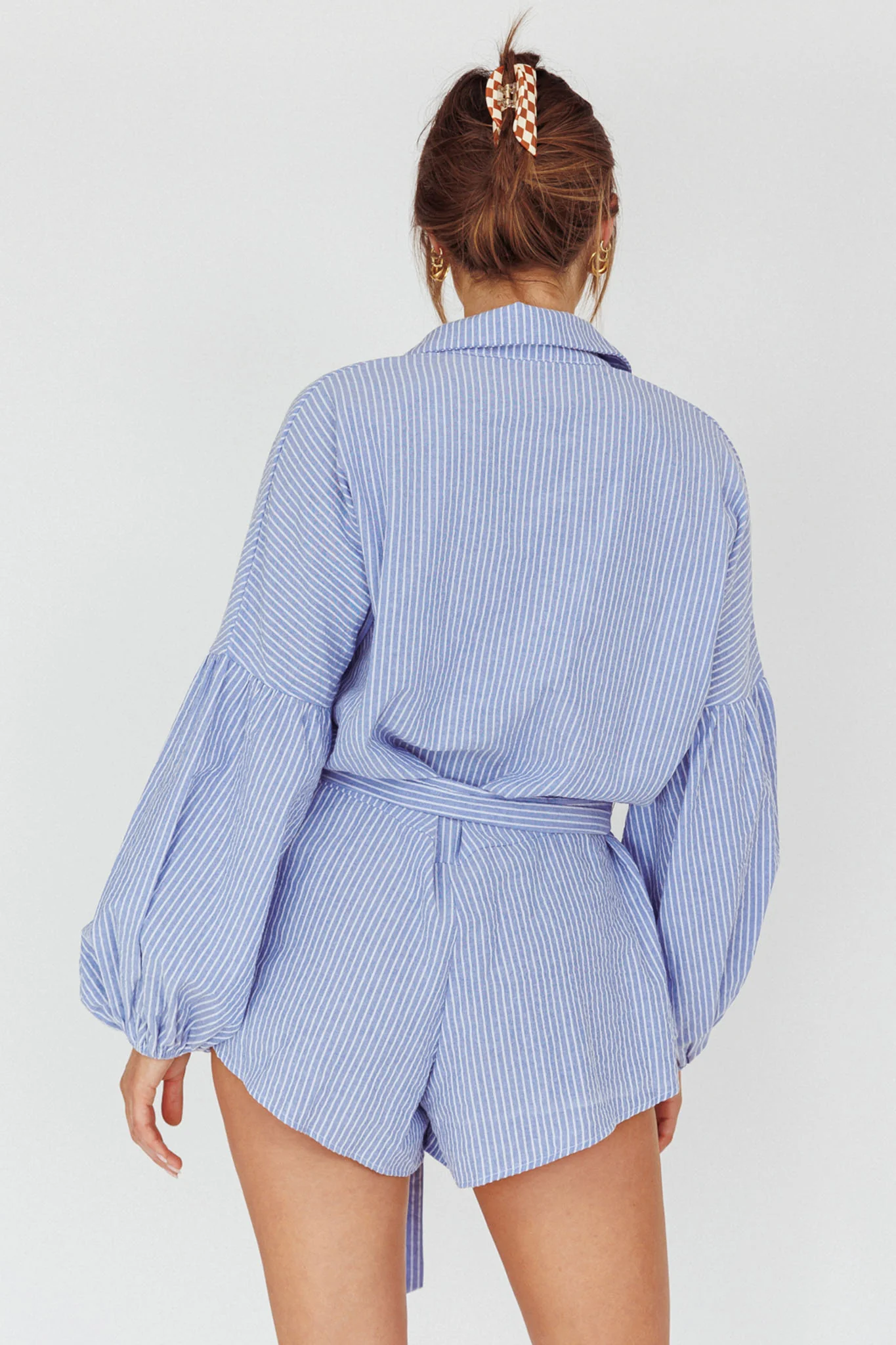 Daytona Beach Long Sleeve Shirt Romper Blue Stripe - Seraphlike
