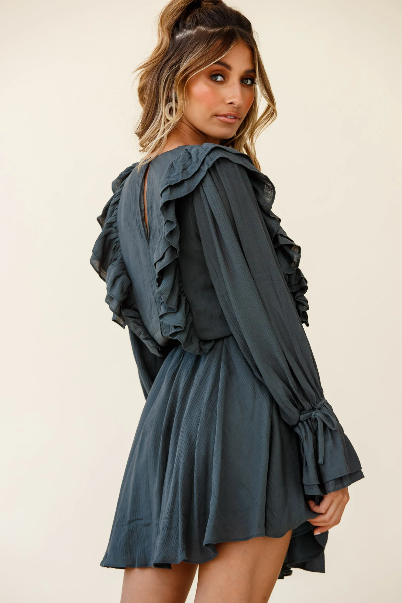 Adina Fluted Long Sleeve Frill Detail Dress Green - Seraphlike