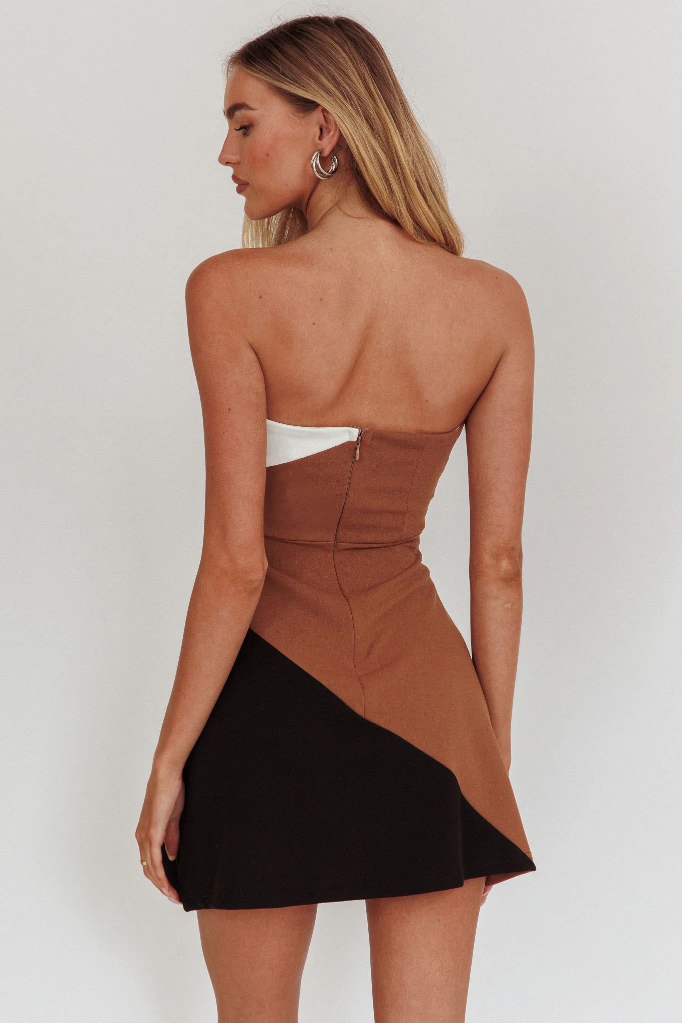 Kindle Strapless Contrast Panels Mini Dress Tan Multi - Seraphlike