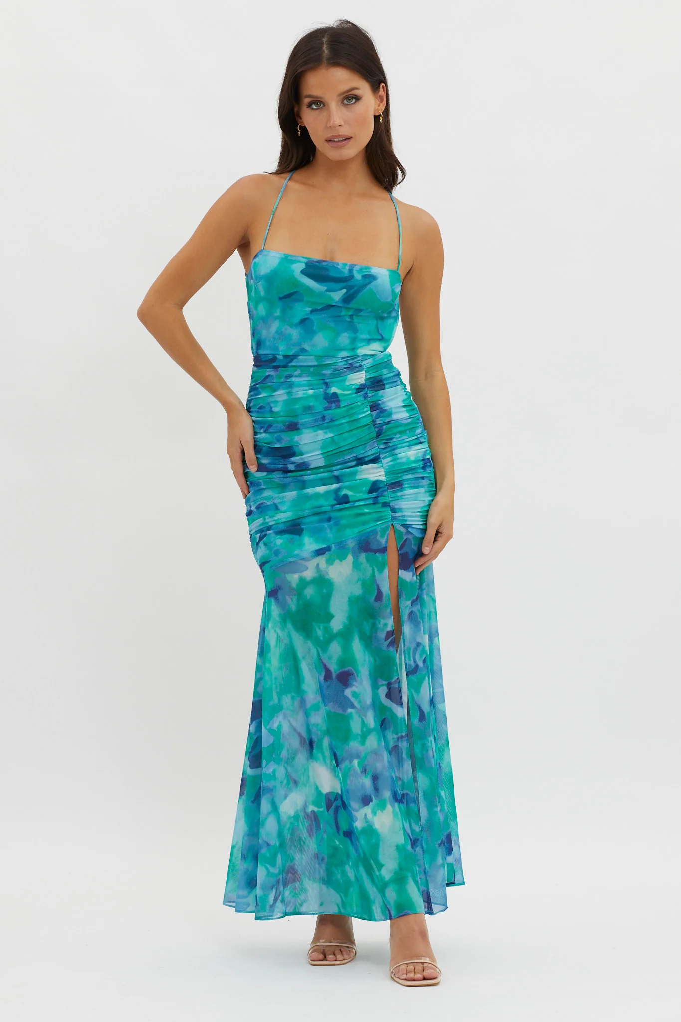 Apryl Ruched Lace-Up Back Dress Green - Seraphlike