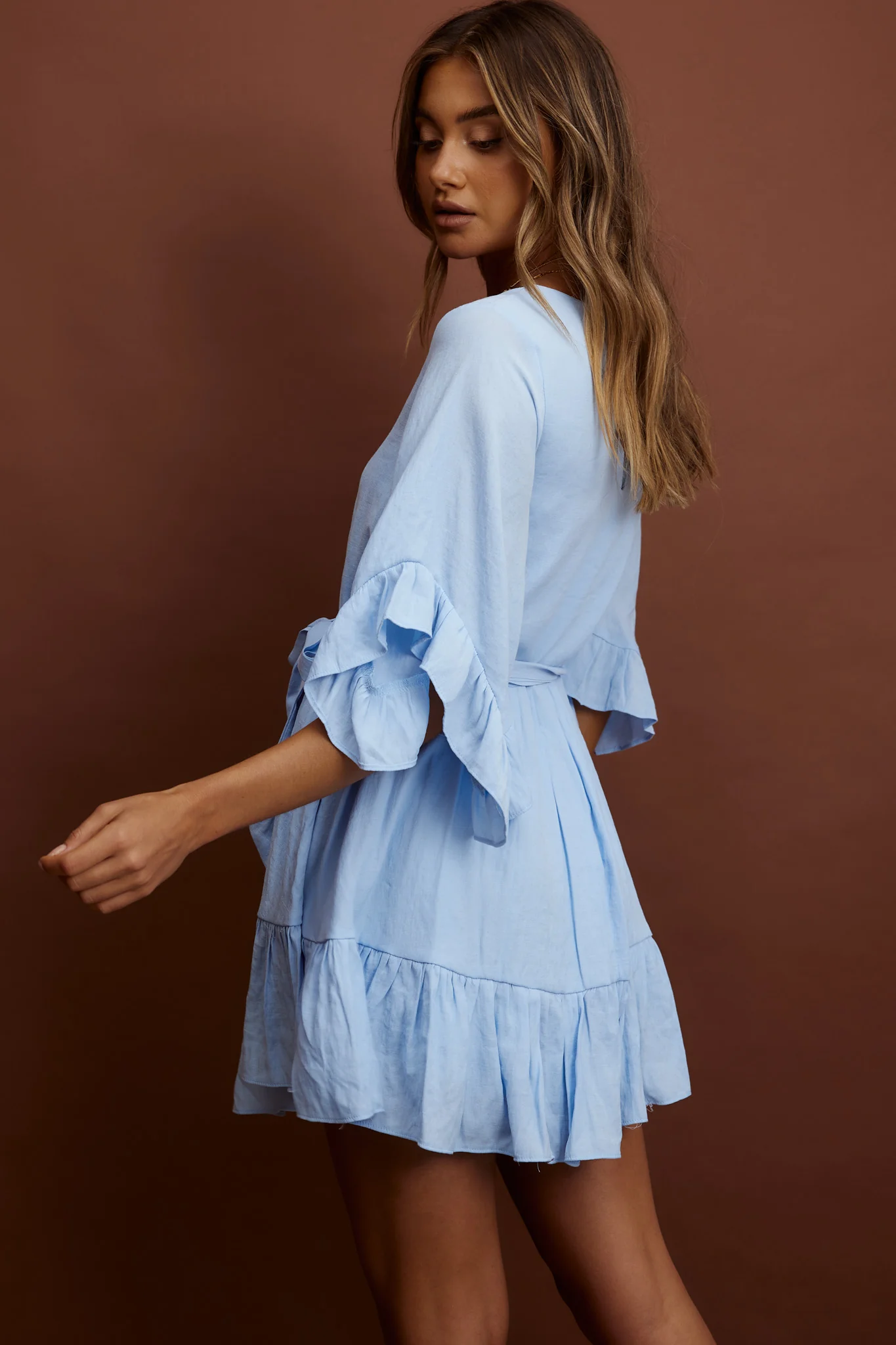 Joni Batwing Sleeve Waist Tie Dress Ruffle Blue - Seraphlike
