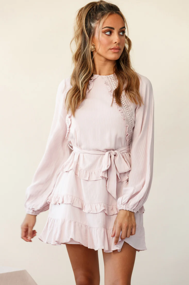 Dusk Long Sleeve Waist Tie Frill Dress Blush - Seraphlike