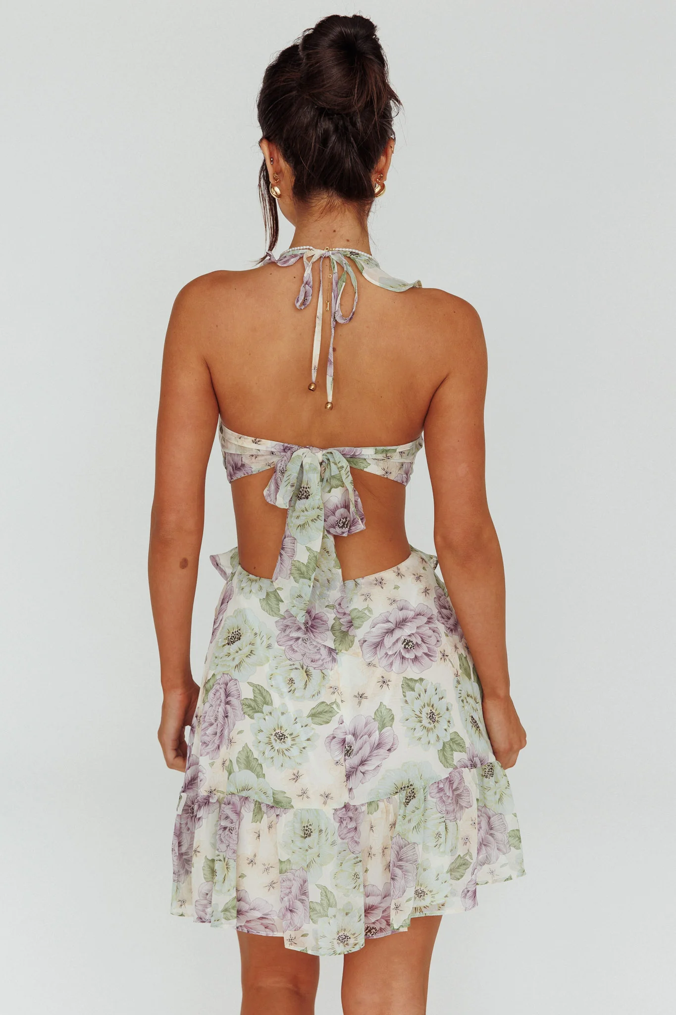 Violette Ruffle Strap Cut-Out Mini Dress Floral White - Seraphlike