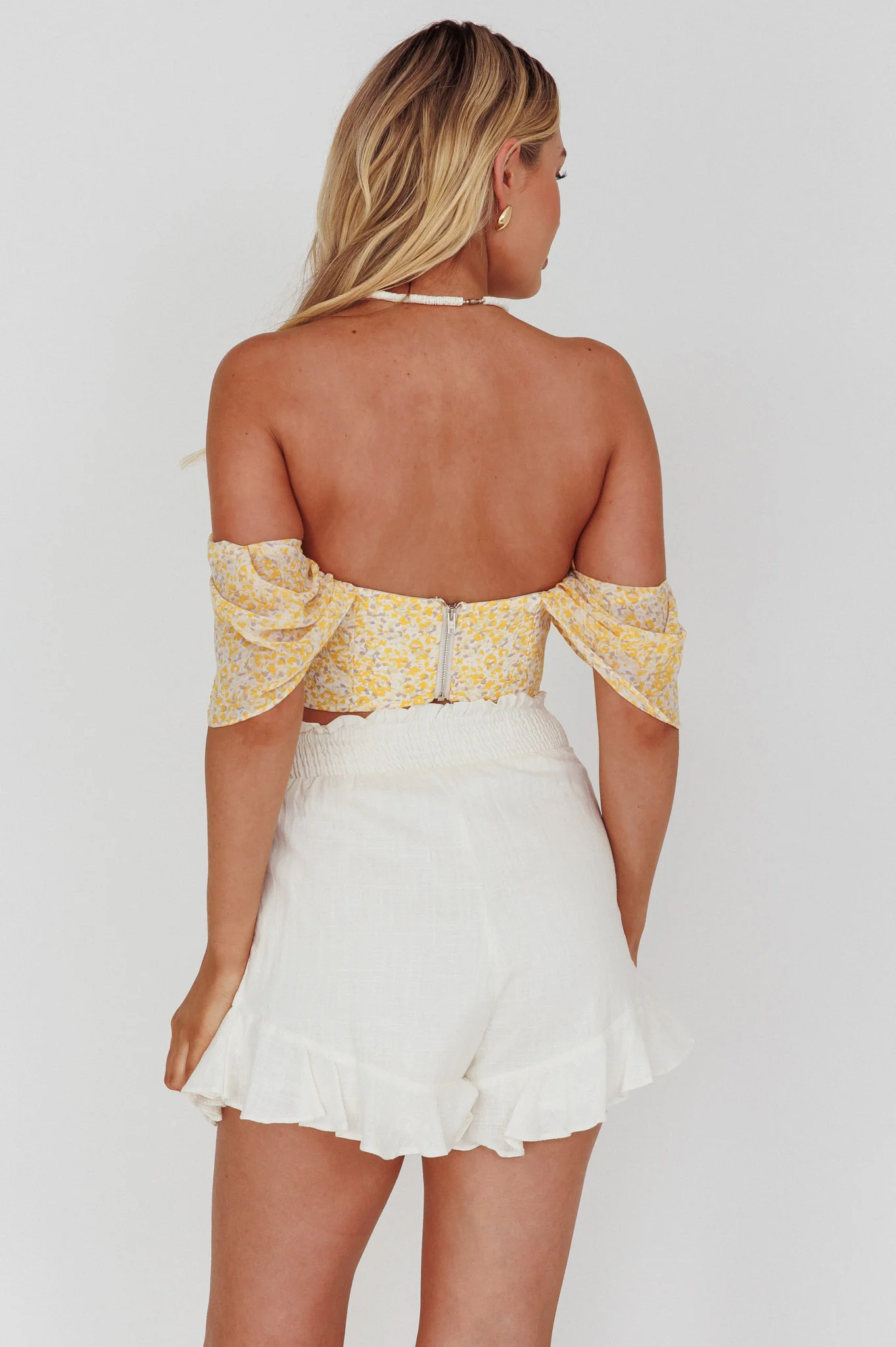 Brandy Off-Shoulder Pointed Hem Crop Top Mottled Print Yellow - Seraphlike