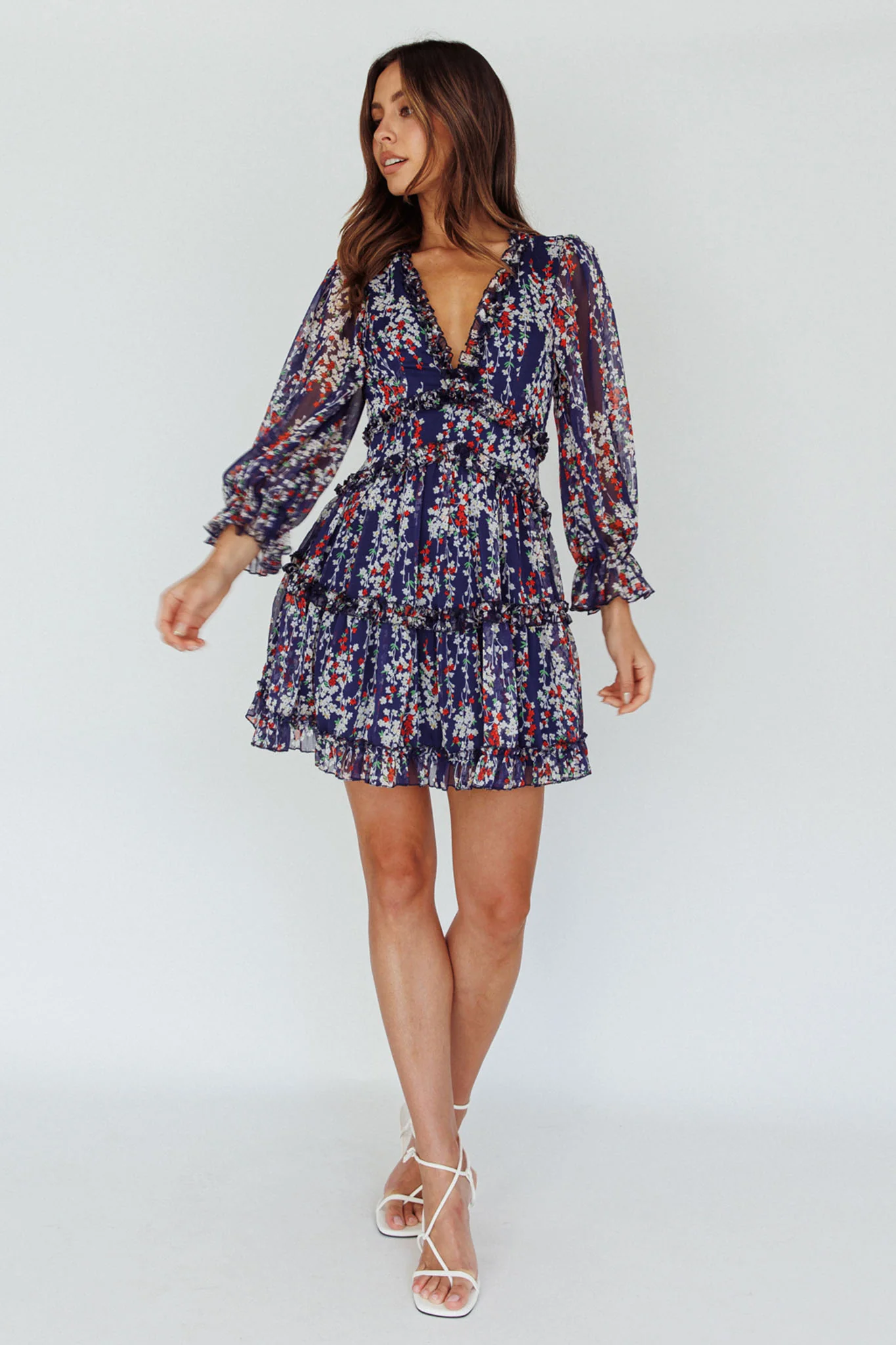Laney Cutout Back Ruffle Detail Floral Dress Navy - Seraphlike