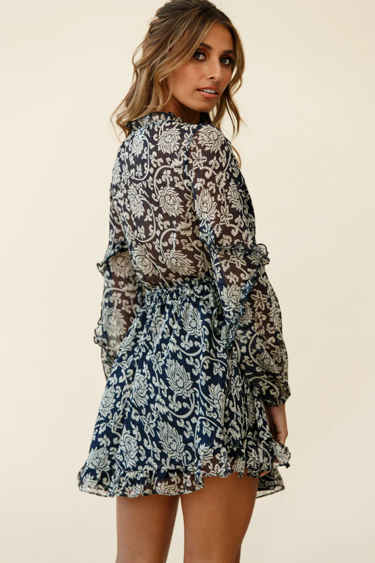 Lima Long Sleeve Drawstring Waist Frill Dress Floral Print Navy - Seraphlike