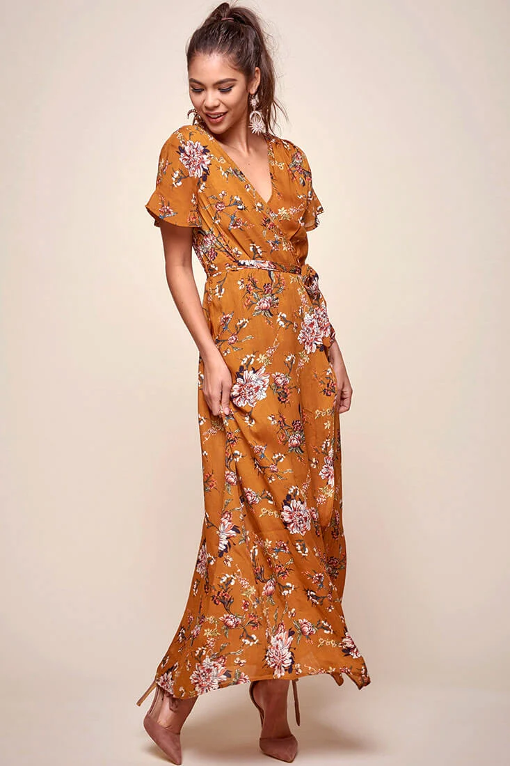 Cheri Floral Wrap Maxi Dress Mustard - Seraphlike