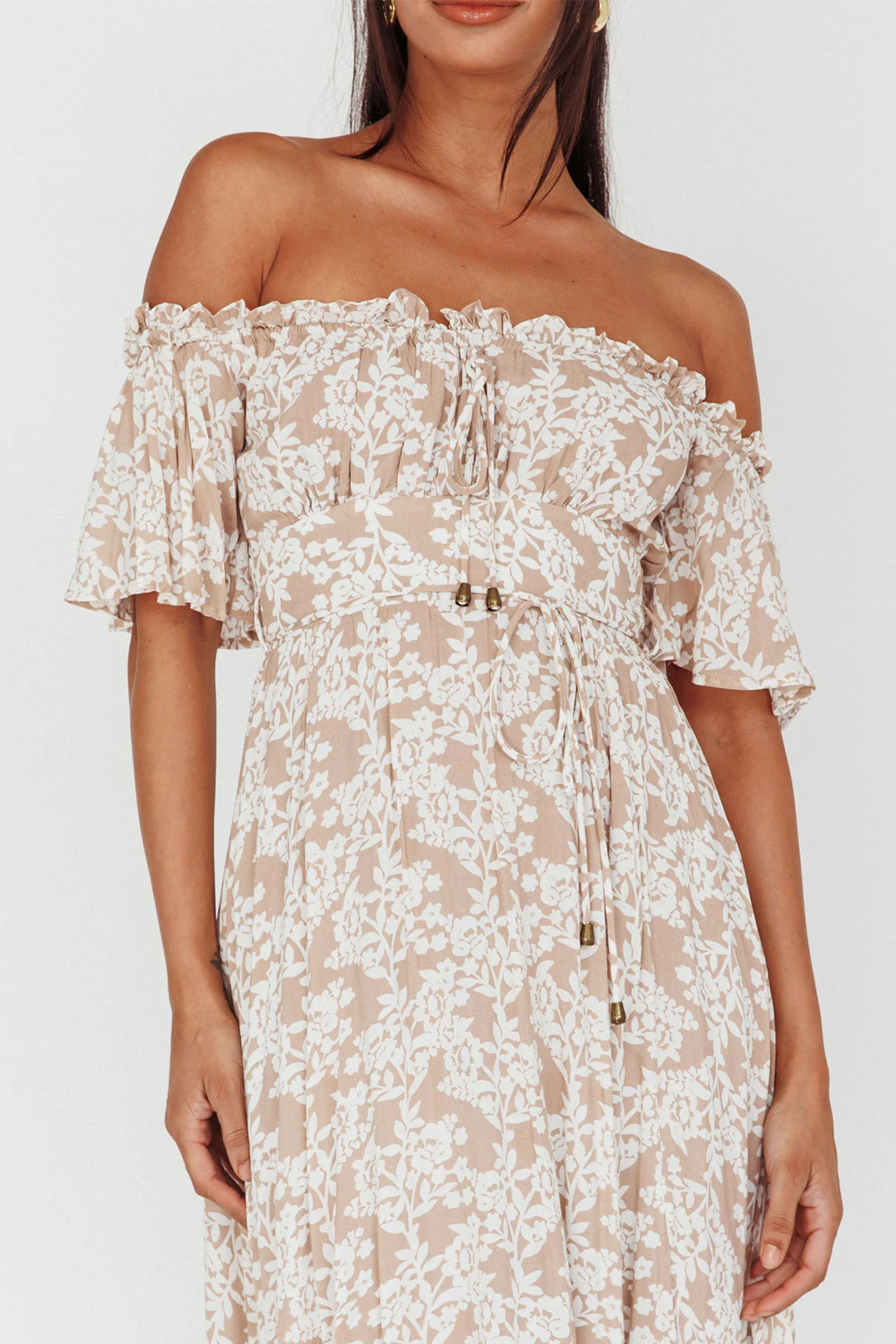 Voyager Off-Shoulder Bell Sleeve Midi Dress Floral Blush - Seraphlike