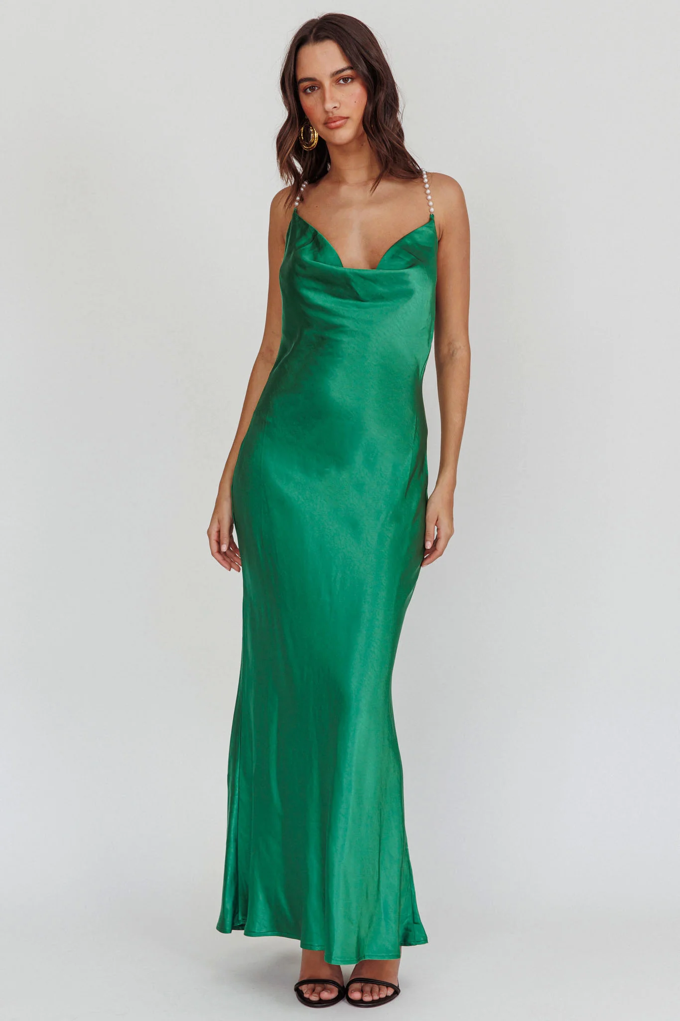 Danijela Cowl Neck Pearl Satin Maxi Dress Emerald - Seraphlike