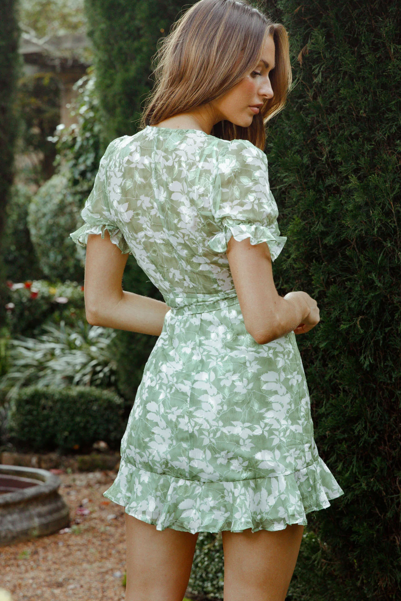 Abigail Wrap Front Puff Sleeve Dress Floral Print Avocado Multi - Seraphlike