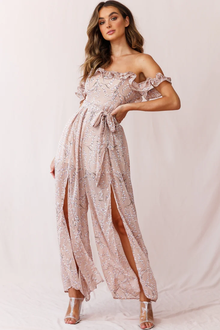 Jazz Bardot Neckline Wide Leg Split Jumpsuit Floral Print Blush - Seraphlike