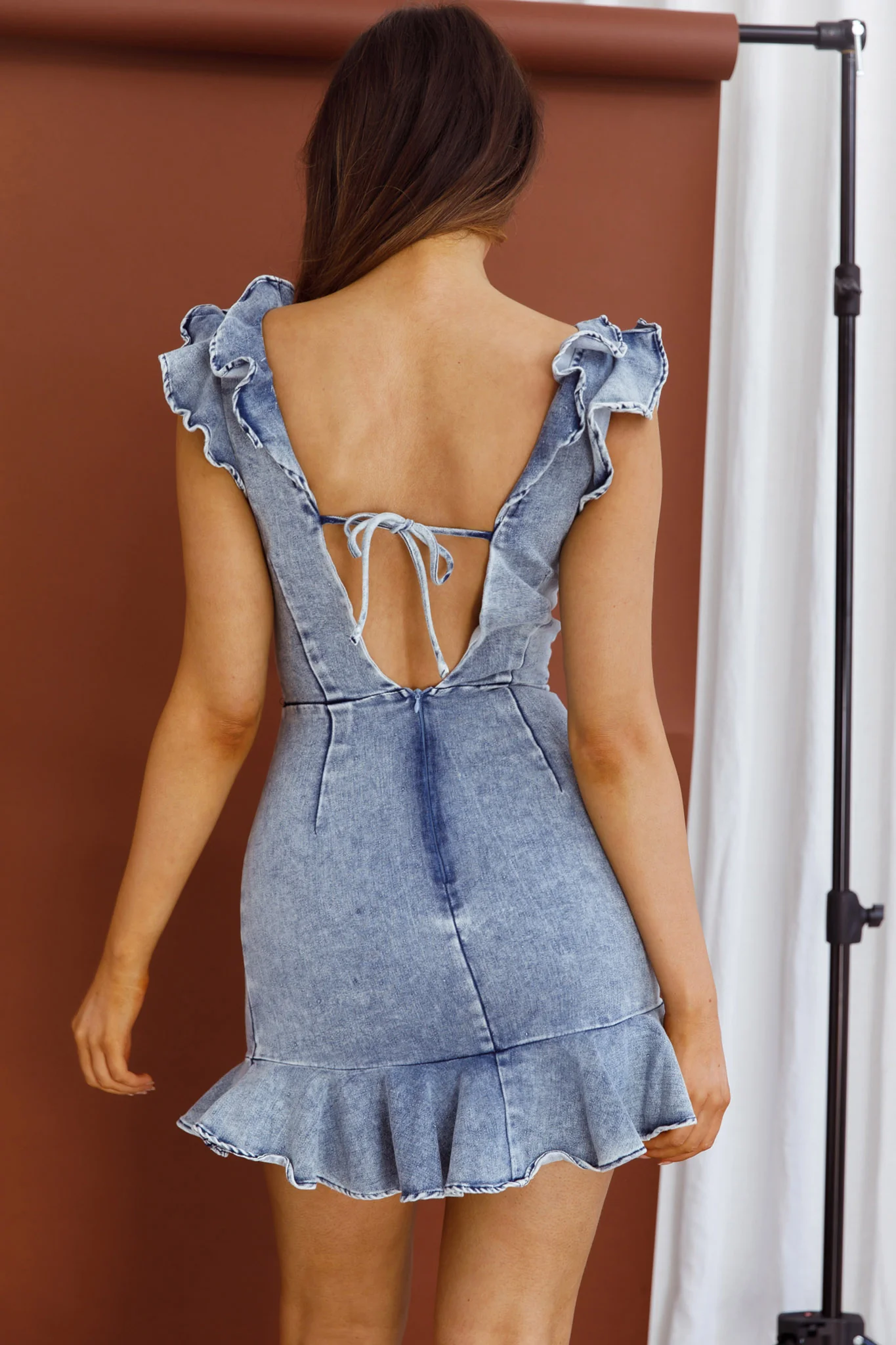 Jojo Ruffle Shoulder Low Back Dress Denim - Seraphlike