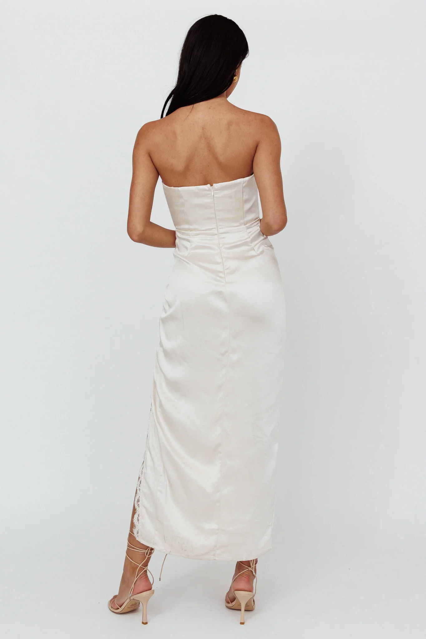 Winter Moon Strapless Lace Trim Midi Dress Champagne - Seraphlike