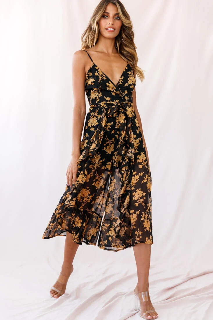 Constance Thin Strap Midi Jumpsuit Black/Orange Flower - Seraphlike