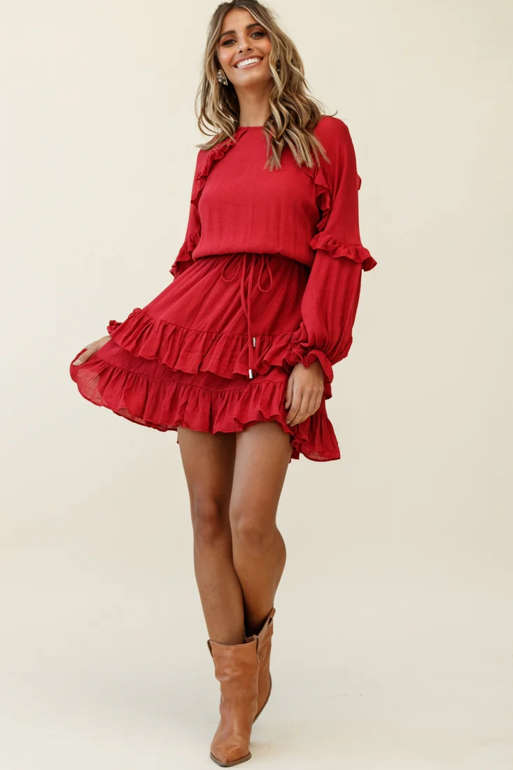 Best Wishes Long Sleeve Frill Detail Dress Wine - Seraphlike