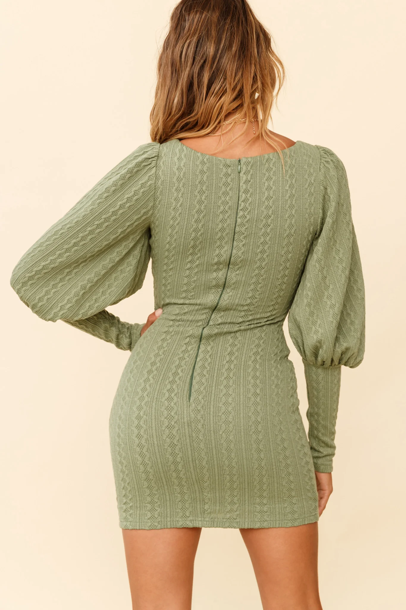 Moneymaker Lantern Sleeve Mini Dress Sage - Seraphlike