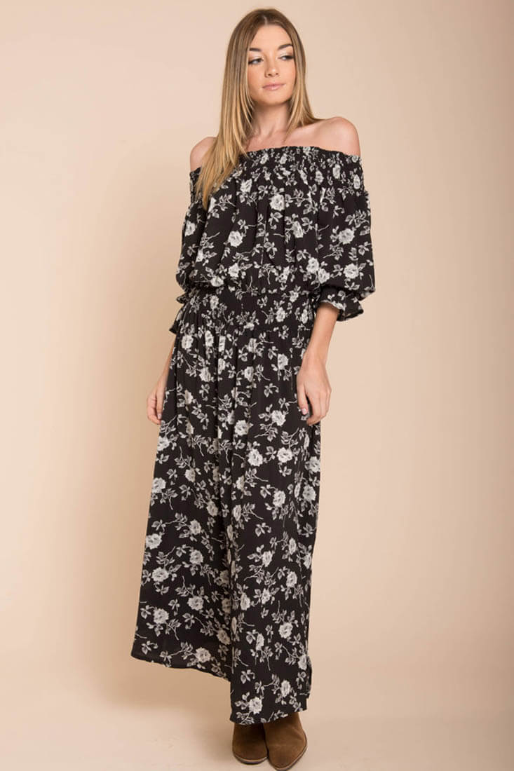 Aiyana High Slit Floral Maxi Dress Black - Seraphlike