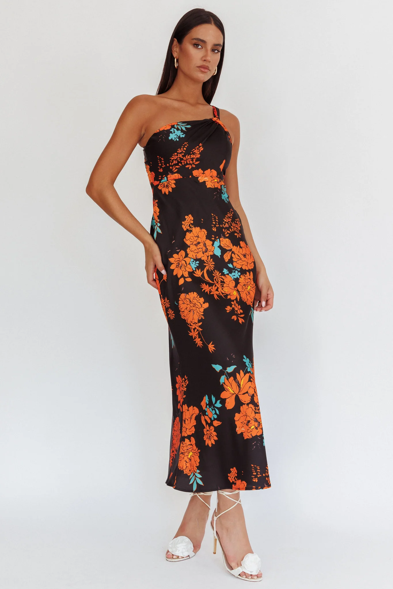 Fly Love Satin One Shoulder Maxi Dress Floral Black - Seraphlike