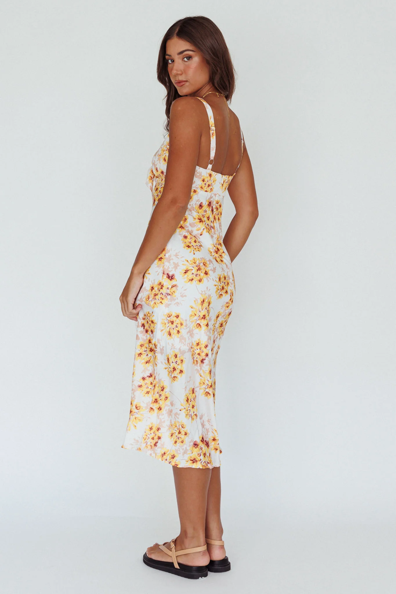 Starry Night Bust-Tie Midi Dress Floral Yellow - Seraphlike