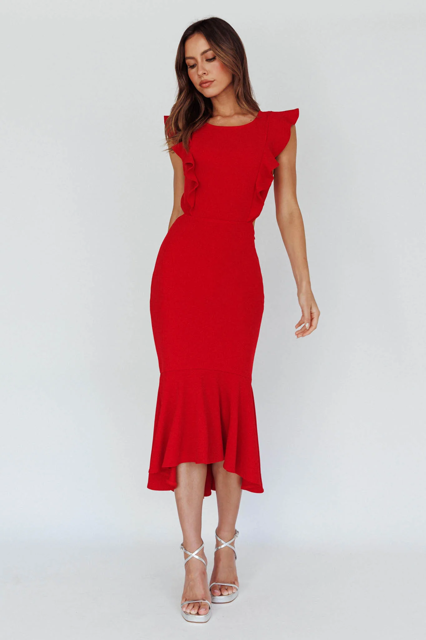 Jackie Wide Ruffle Hem Pinafore Midi Dress Red - Seraphlike