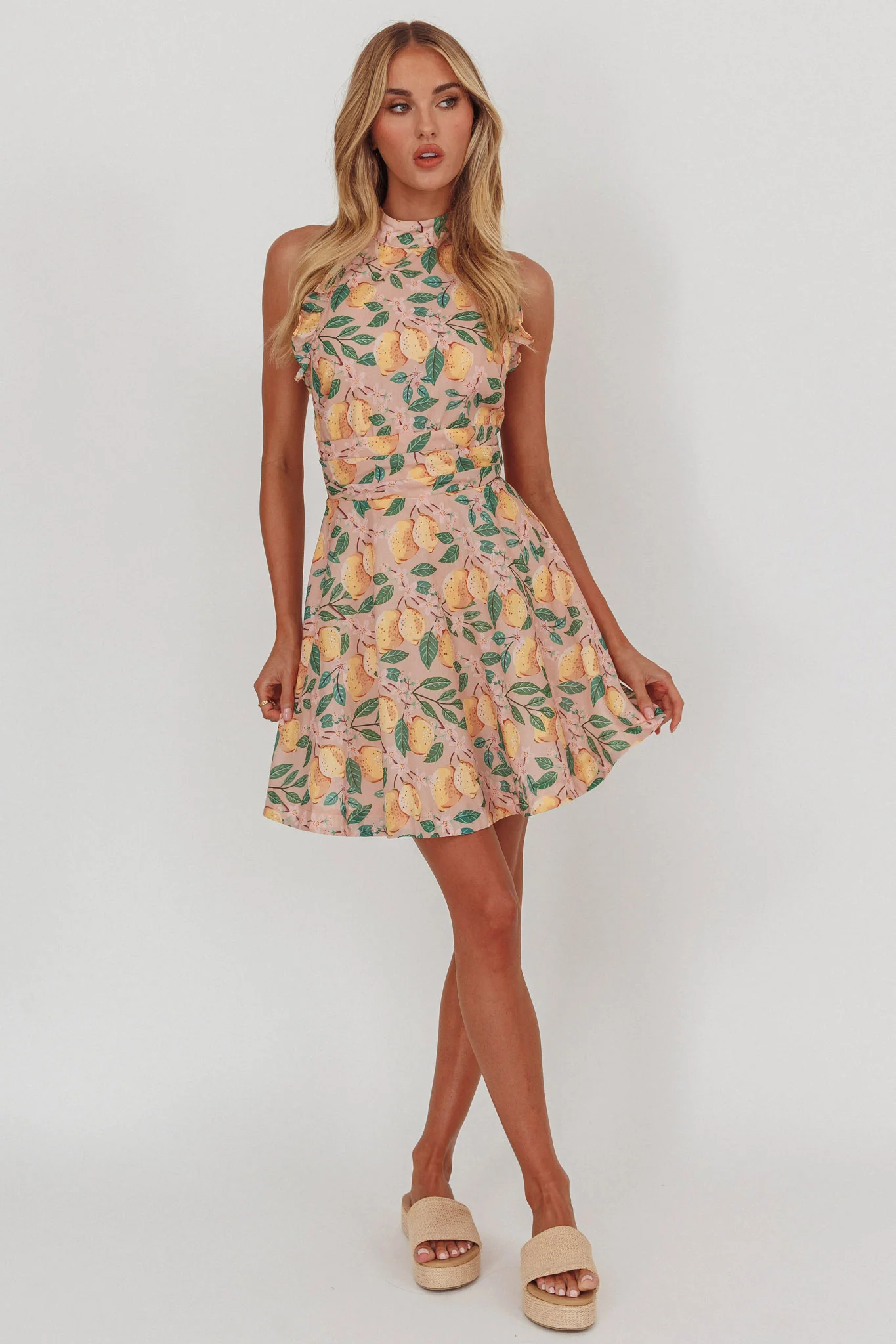 Miko Frill Trim Halter Mini Dress Lemon - Seraphlike