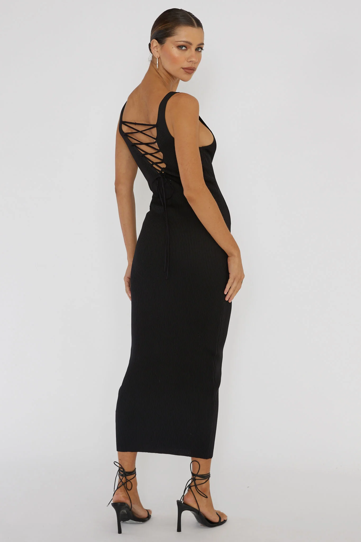 Linzi Lace-Up Back Knit Midi Dress Black - Seraphlike