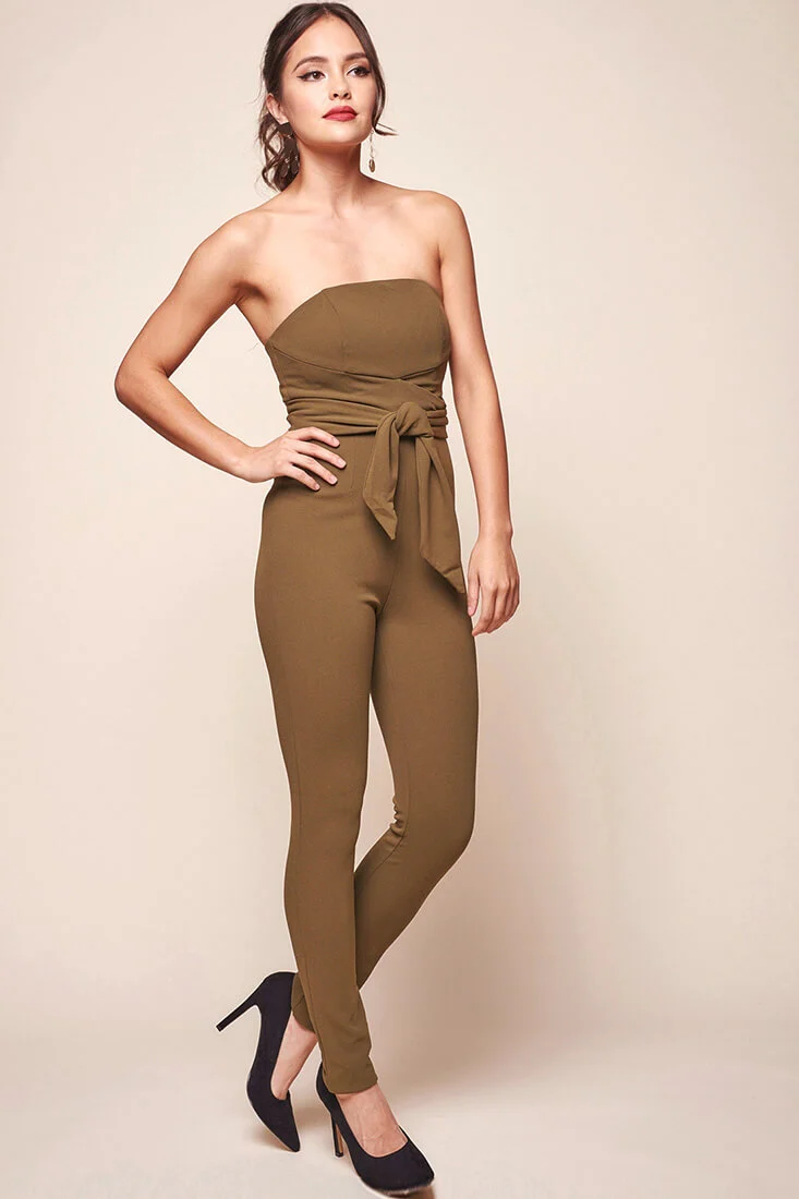 Payton Strapless Waist Tie Bodycon Jumpsuit Khaki - Seraphlike