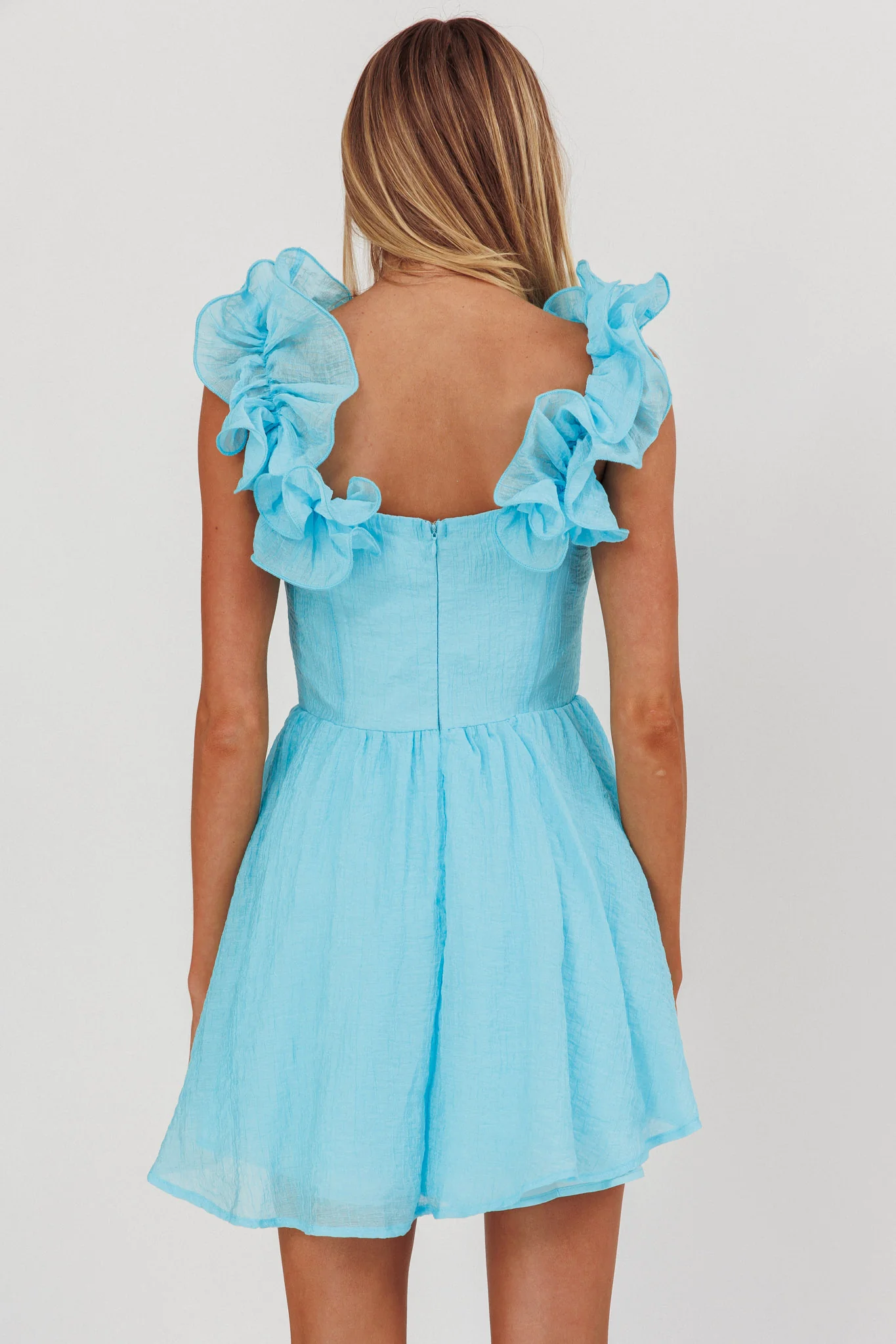 Nivaya Ruffle Neckline Mini Dress Ocean - Seraphlike