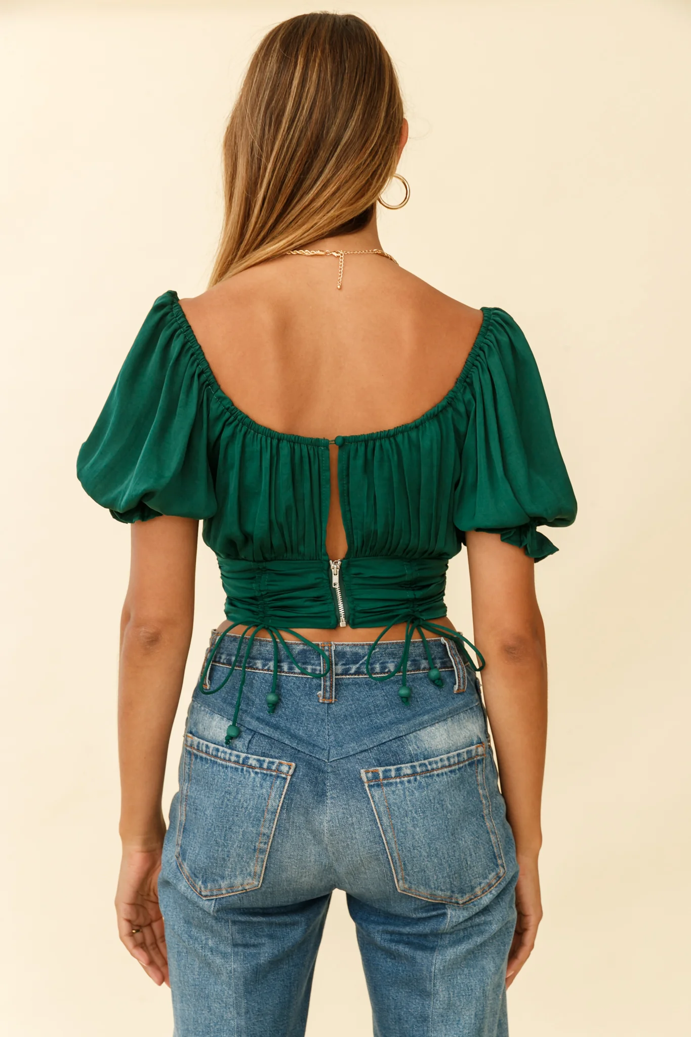 Bright Side Puff Sleeve Ruched Crop Top Forest Green - Seraphlike