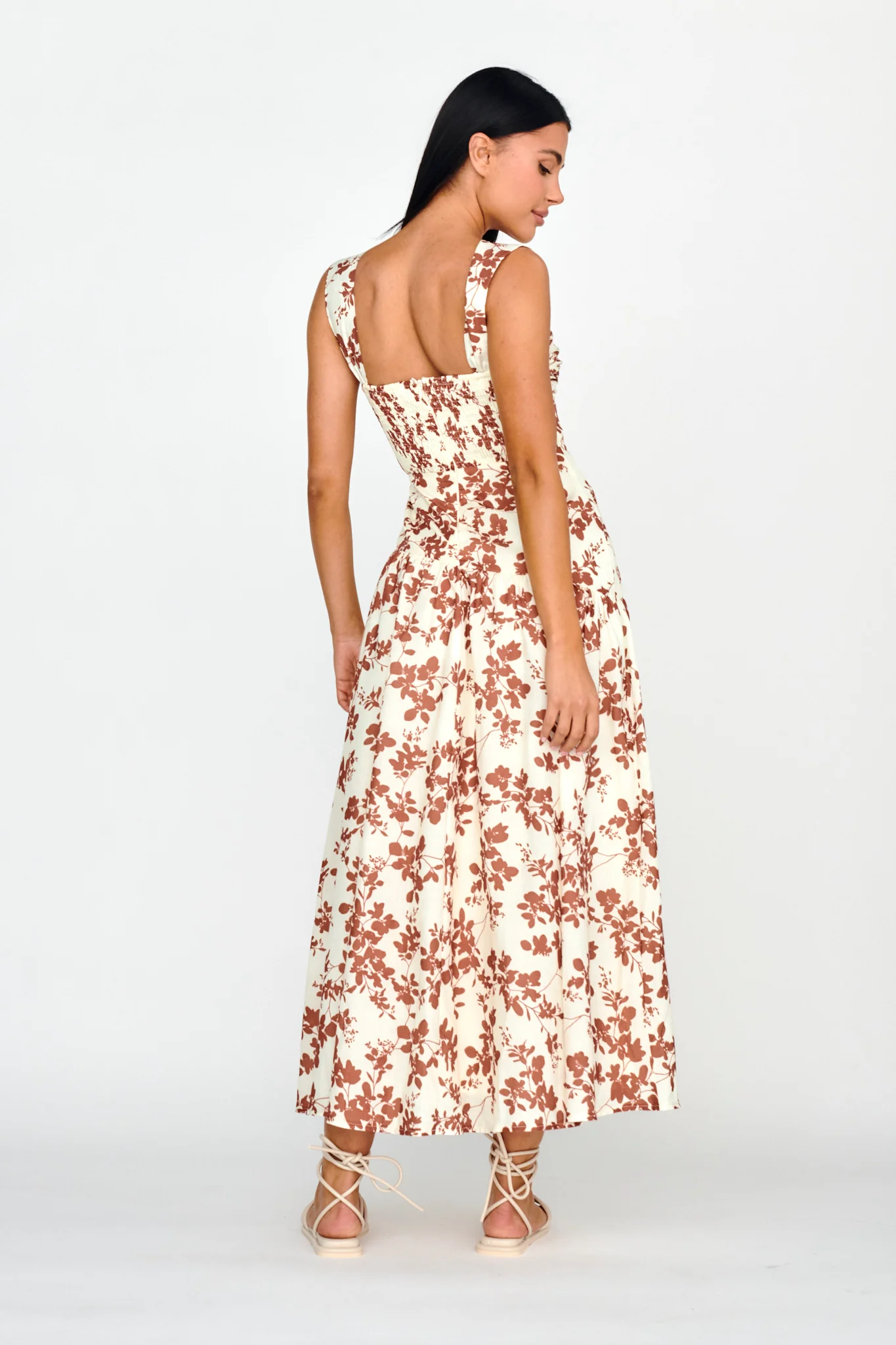 Nichola Ruched Bust Midi Dress Floral Brown - Seraphlike