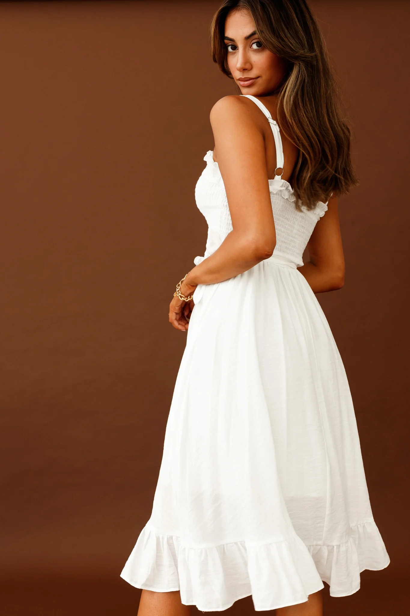 Honey Shirred Frill Midi Dress White - Seraphlike