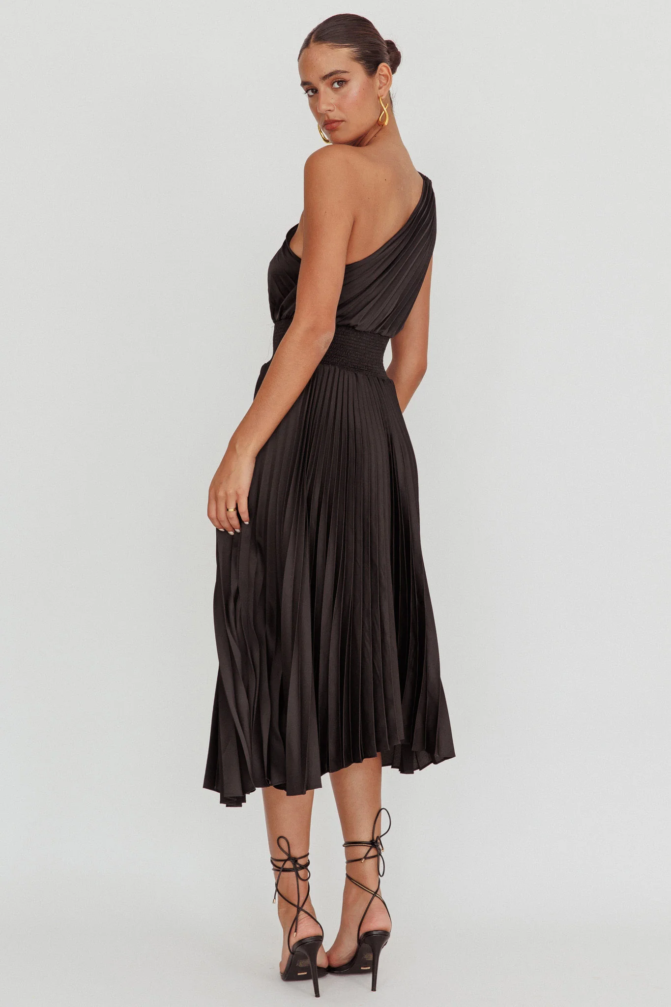 Calissa One Shoulder Pleated Midi Dress Black - Seraphlike