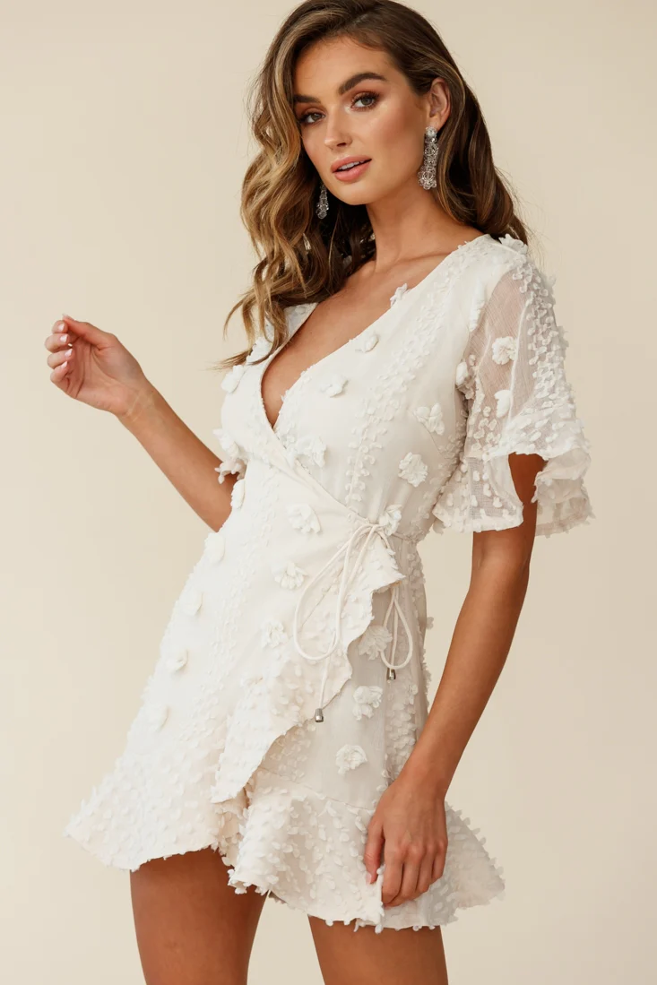 Chai Angel Sleeve Embellished Wrap Dress Beige - Seraphlike