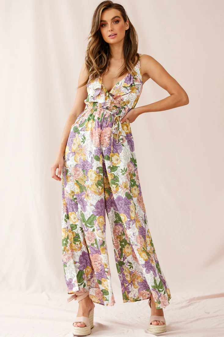 Melita Ruffle V-Neckline Jumpsuit Purple Print - Seraphlike
