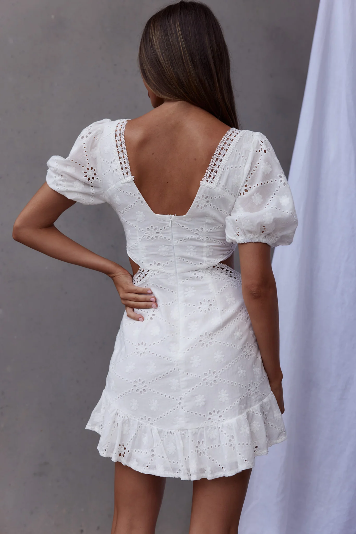 Santorini Sunset Puff Sleeve Cut-Out Eyelet Dress White - Seraphlike