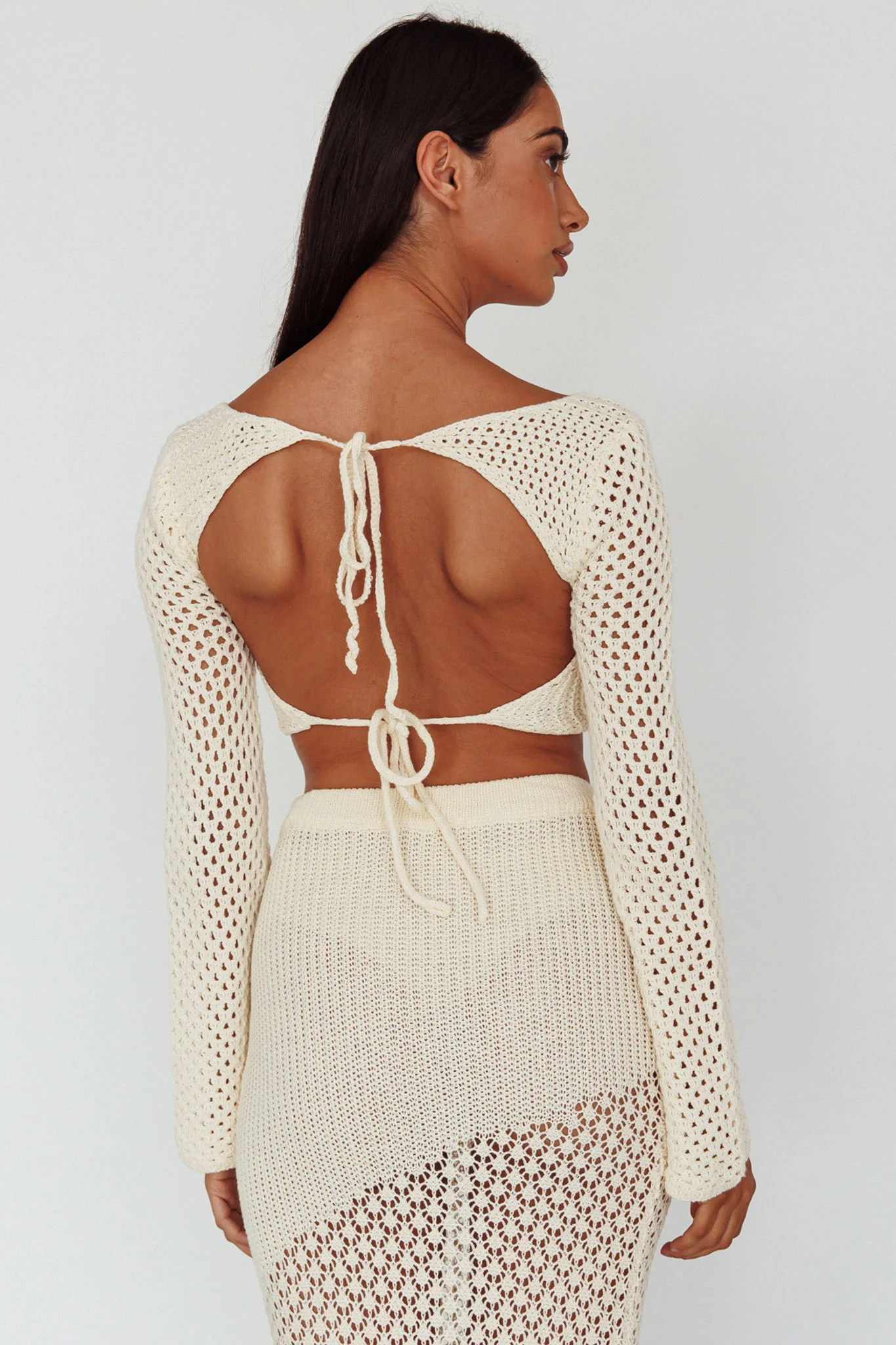 Serenity Sky Long Sleeve Crochet Crop Top Milk - Seraphlike