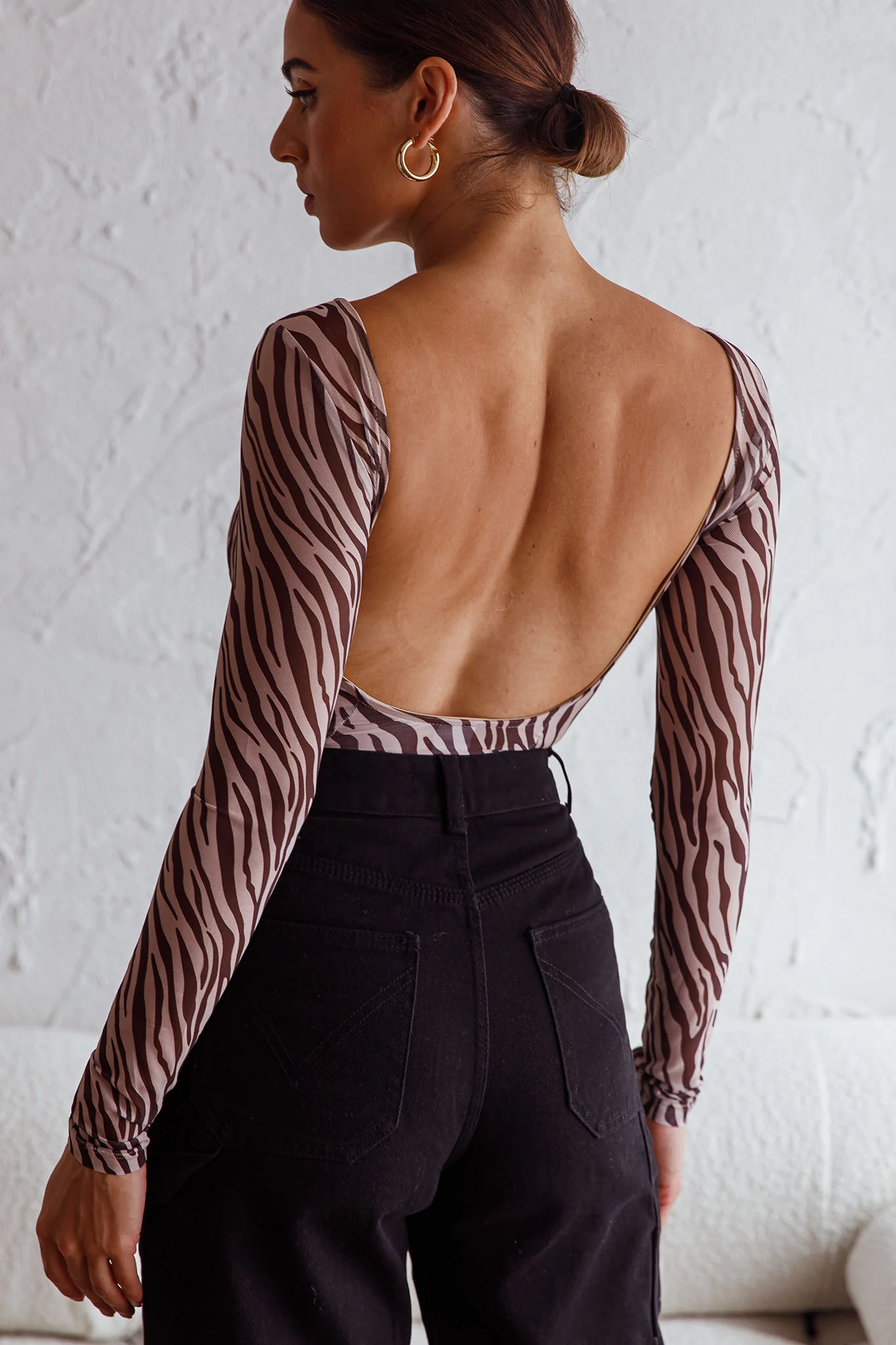 Juni Long Sleeve Low Back Mesh Bodysuit Tiger Print - Seraphlike