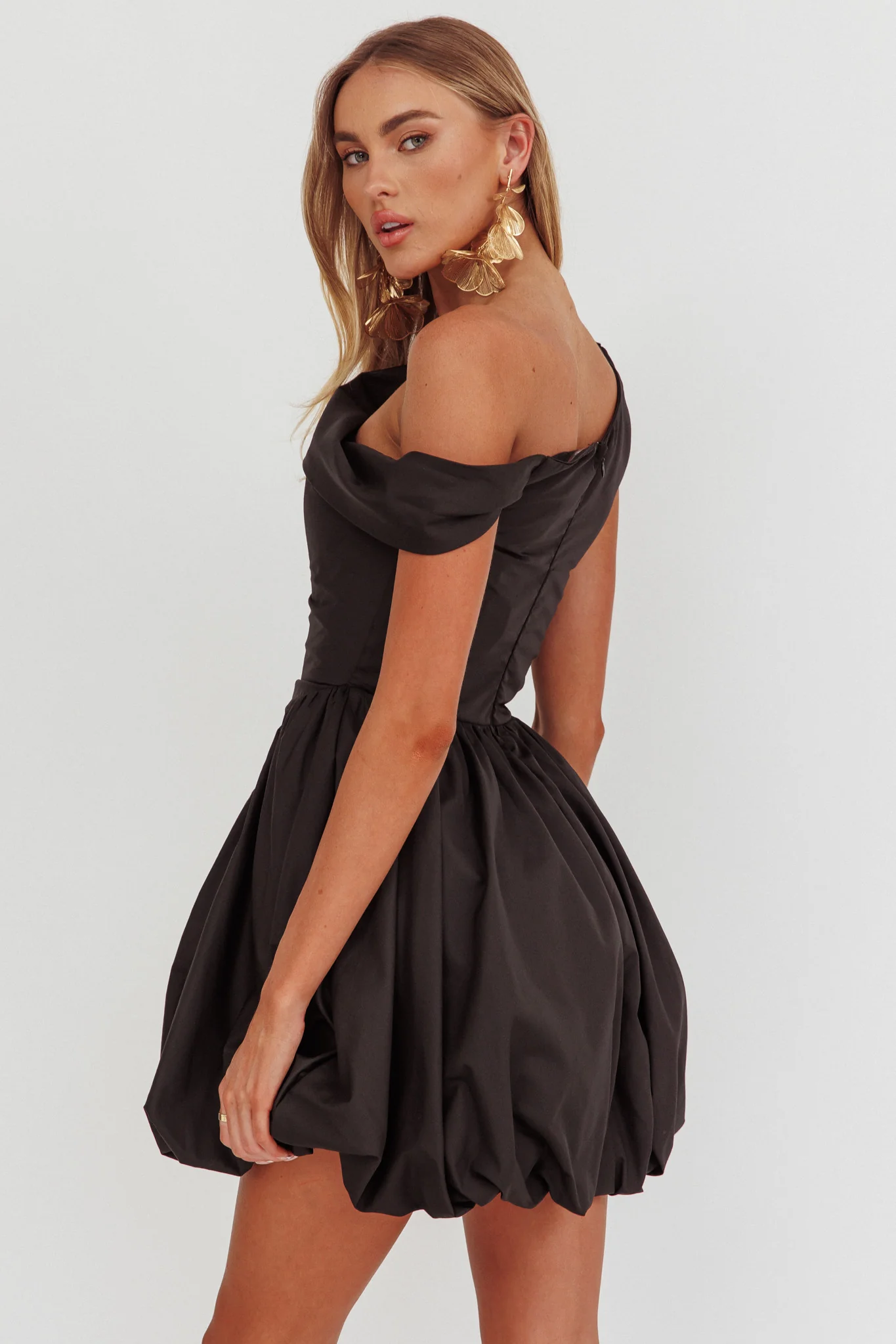 Celinda Asymmetric Neckline Balloon Mini Dress Black - Seraphlike