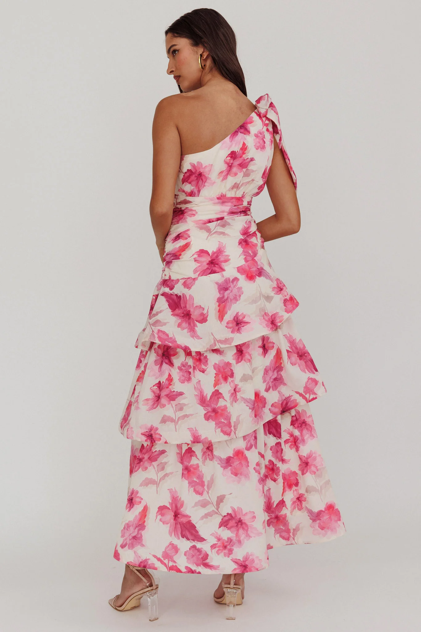 Kenny One Shoulder Tiered Floral Maxi Dress Pink - Seraphlike