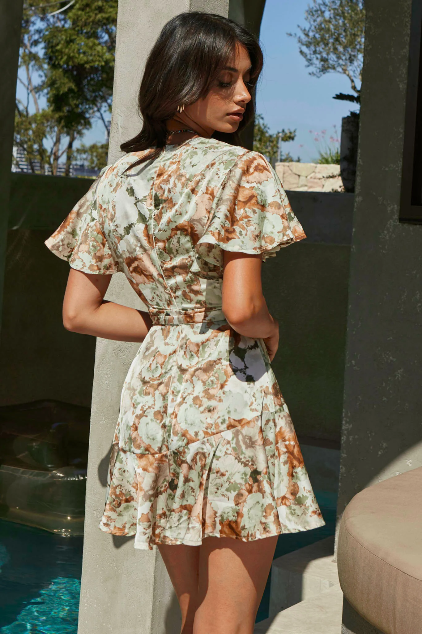 Cami Angel Sleeve Faux Wrap Dress Abstract Floral Print Sage - Seraphlike