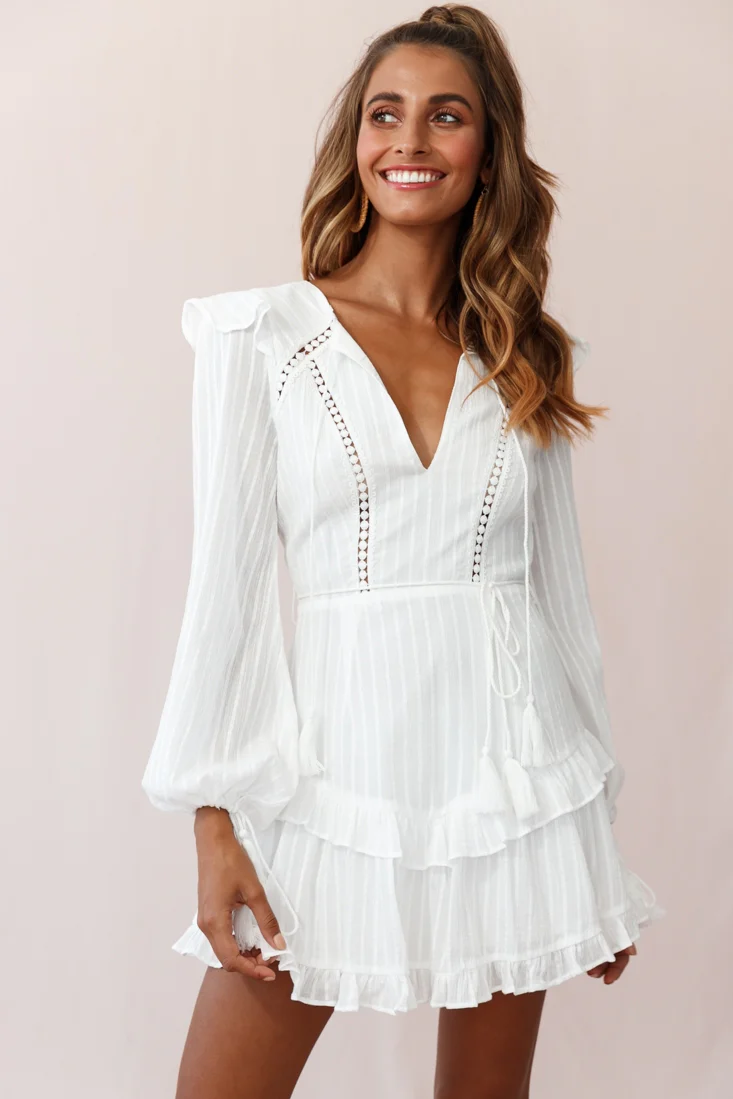 Yours Truly Bell Sleeve Ruffle Dress White - Seraphlike