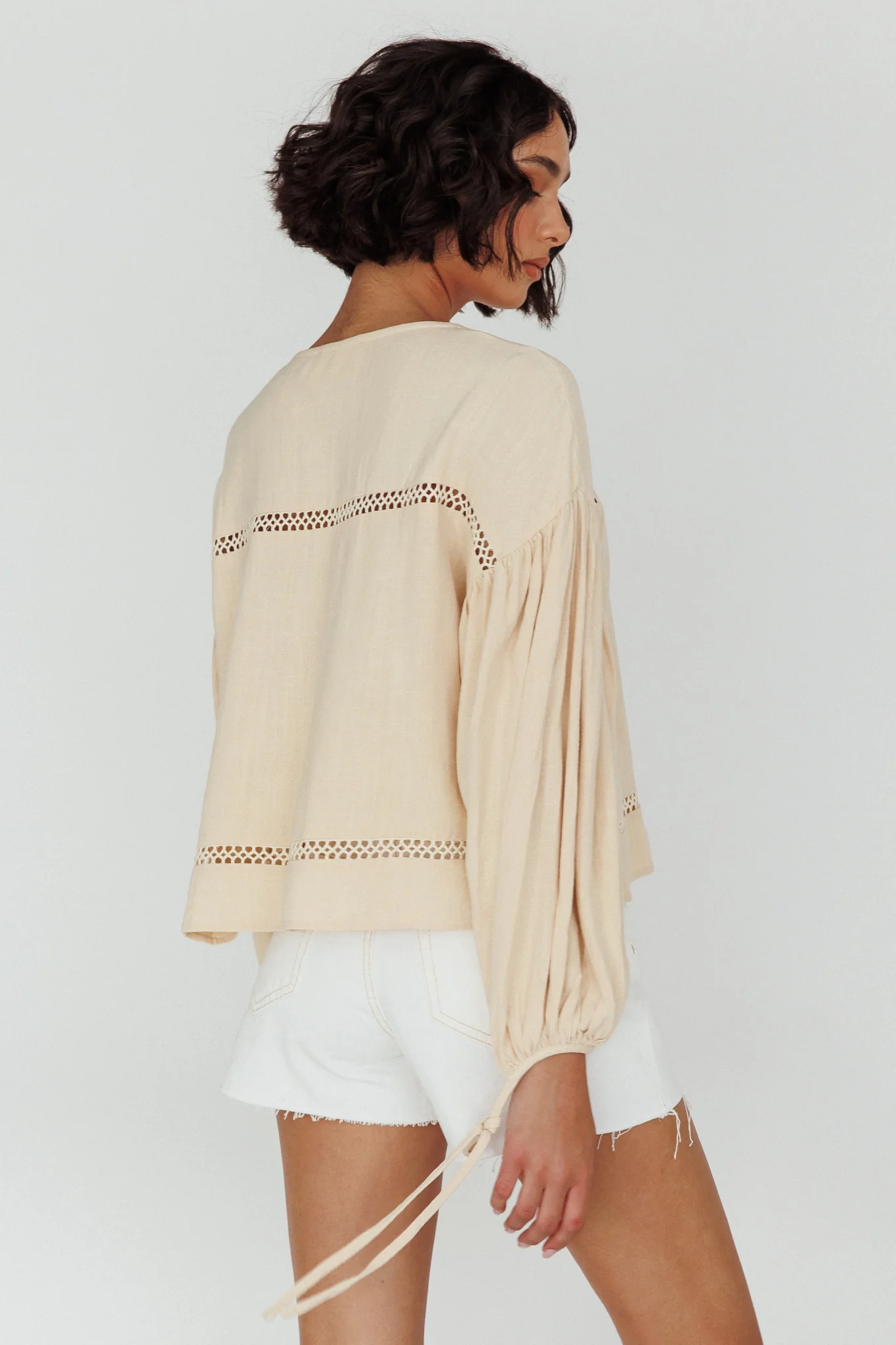 Waltz Long Sleeve Embroidery Trim Top Wheat - Seraphlike