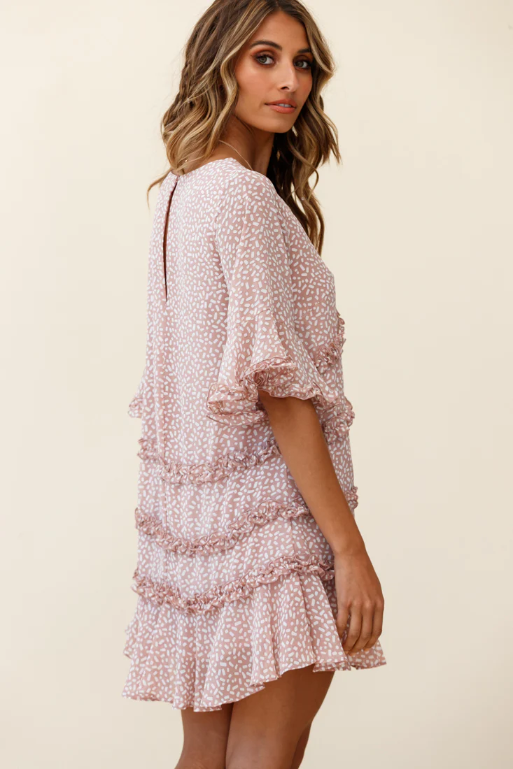 Chasing Daisies Fluted Sleeve Frill Trim Shift Dress Sprinkle Print Pink - Seraphlike