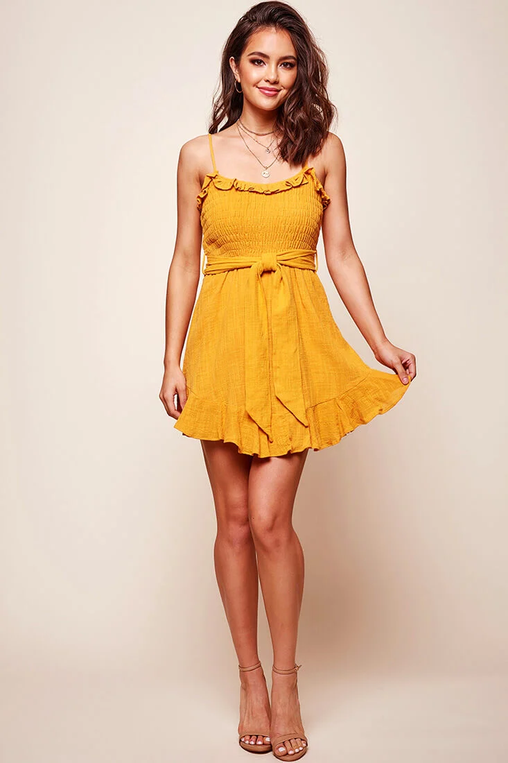 Mika Shirred Bust Swing Dress Mustard - Seraphlike