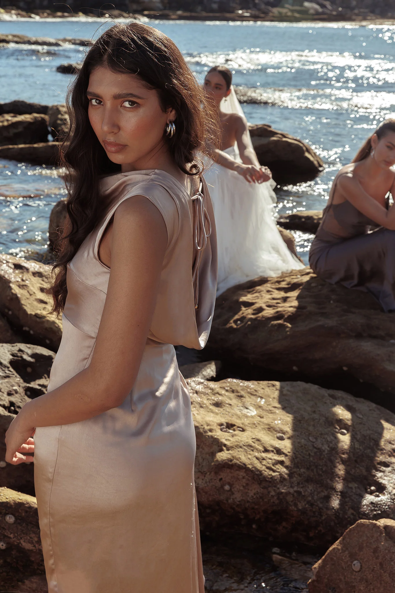 Grecian Cap Sleeve Cowl Back Dress Mocha - Seraphlike