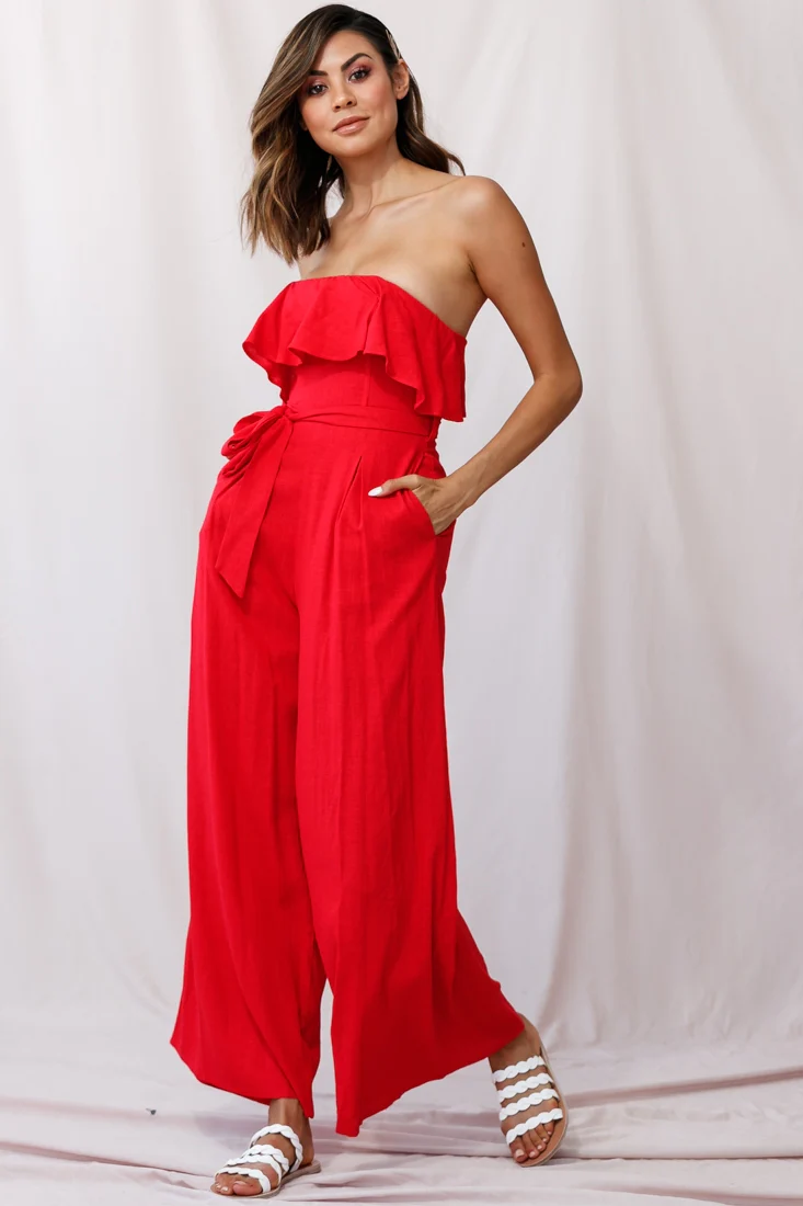 Hamilton Bandeau Ruffle Wide Leg Jumpsuit Red - Seraphlike
