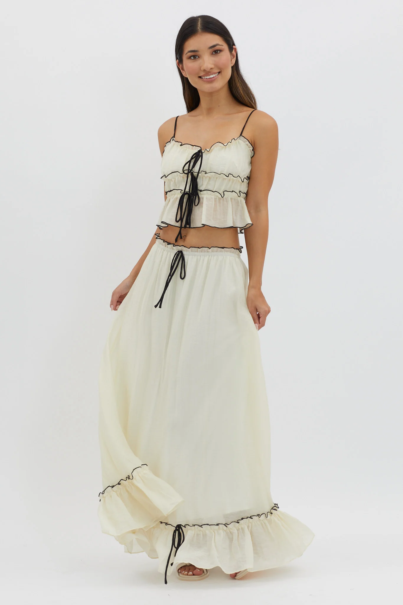 Maidens Tie Detail Overlock Maxi Skirt Cream - Seraphlike