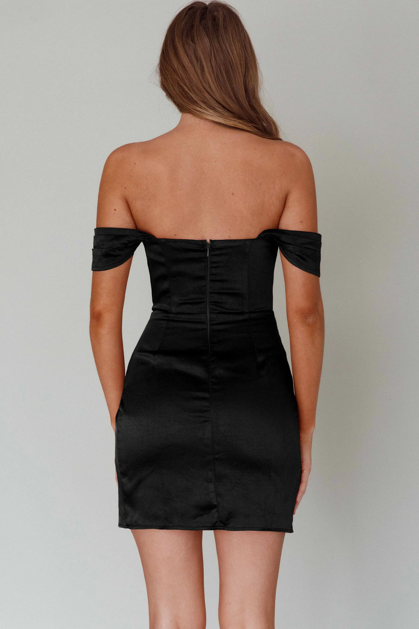 Night To Remember Off-Shoulder Satin Dress Black - Seraphlike